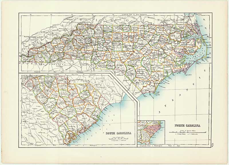 Old Map of North & South Carolina State 1885