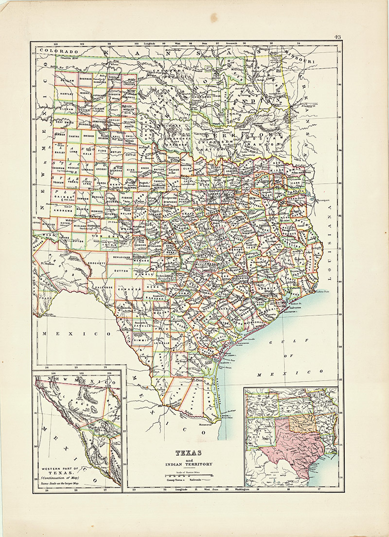 Old map of Texas state 1885