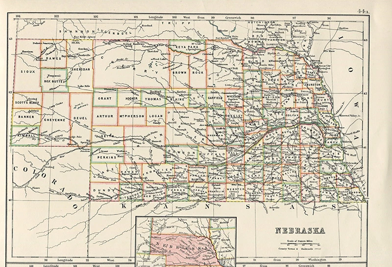 Old state map of Nebraska