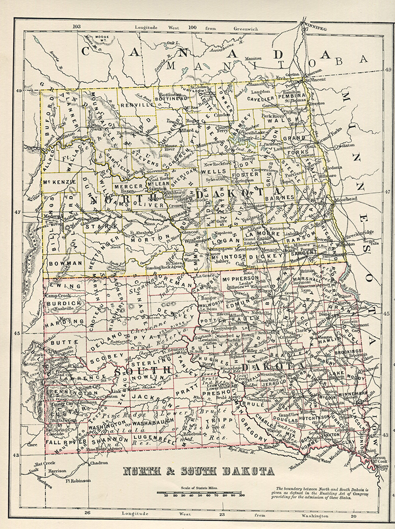 Antique US state map of North & South Dakota