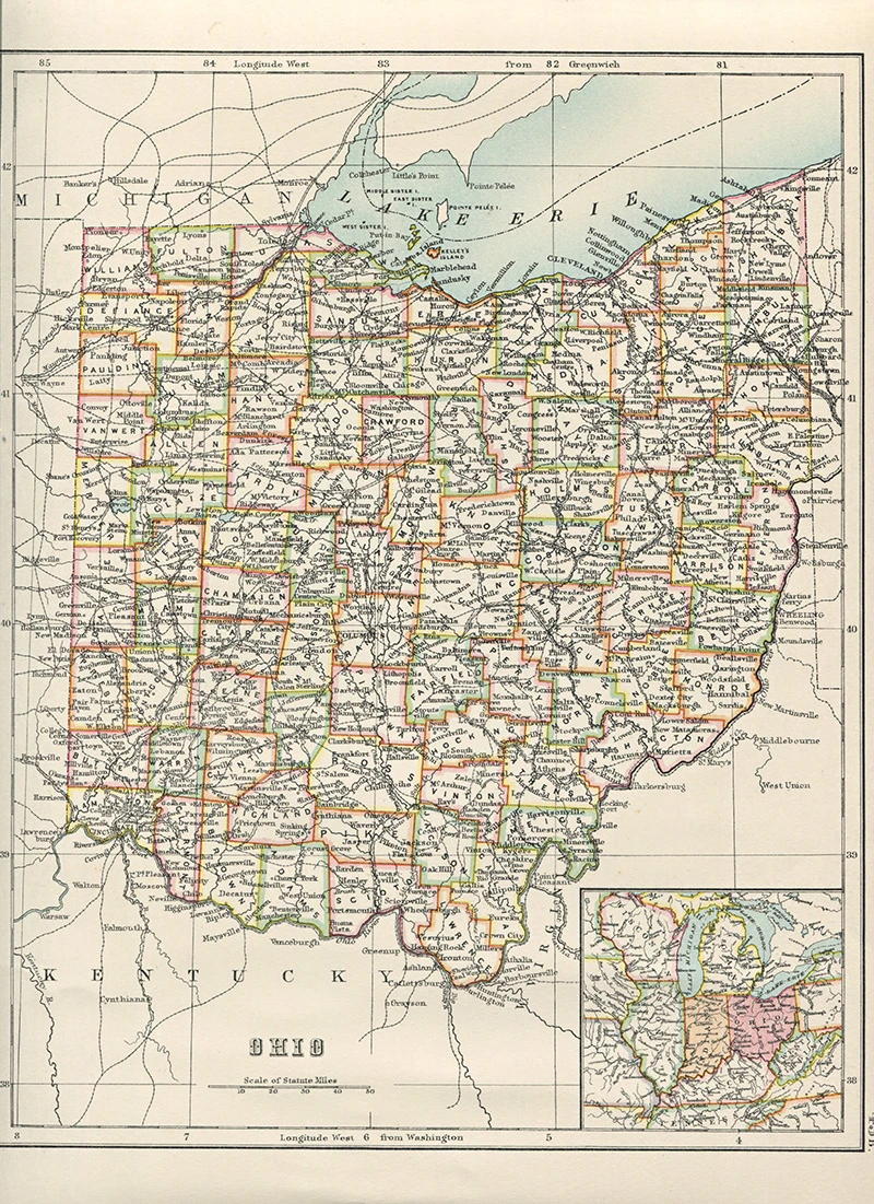 Old map of US state Ohio