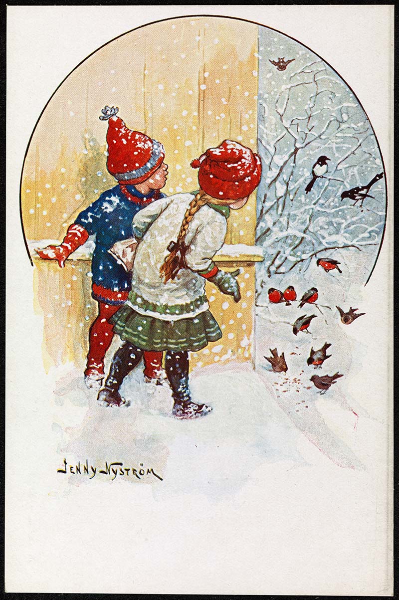 Scandinavian vintage Christmas card of children looking at robins