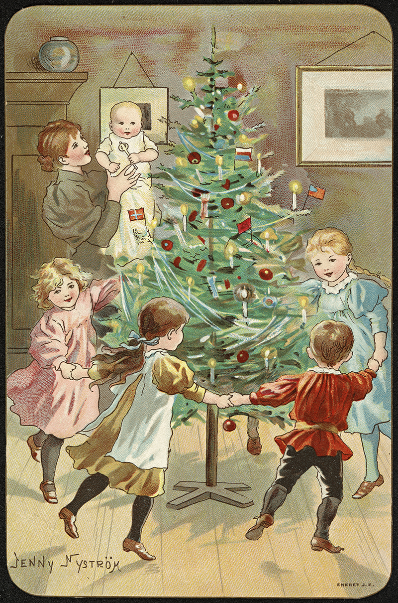 Dancing around the Christmas tree vintage Christmas card