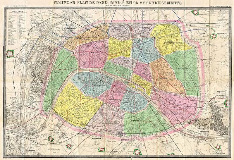 An antique map of Paris showing the 20 districts in colour. 1878
