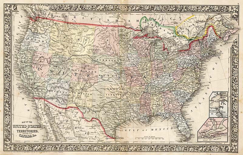 1864 Mitchell's vintage map of the United States of America