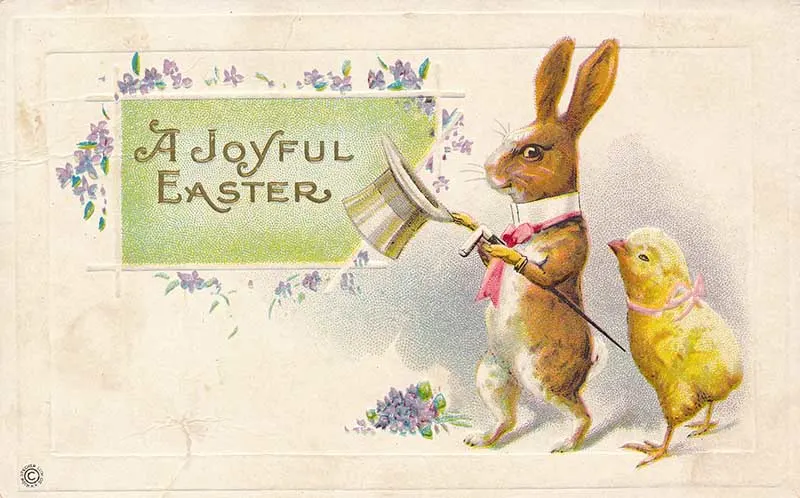 Rabbit with chick and hat Easter card