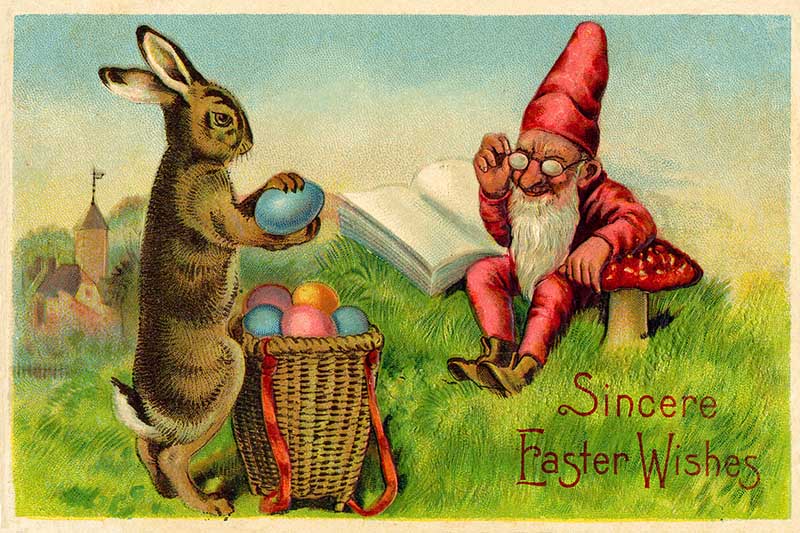 Easter bunny delivering eggs to a gnome