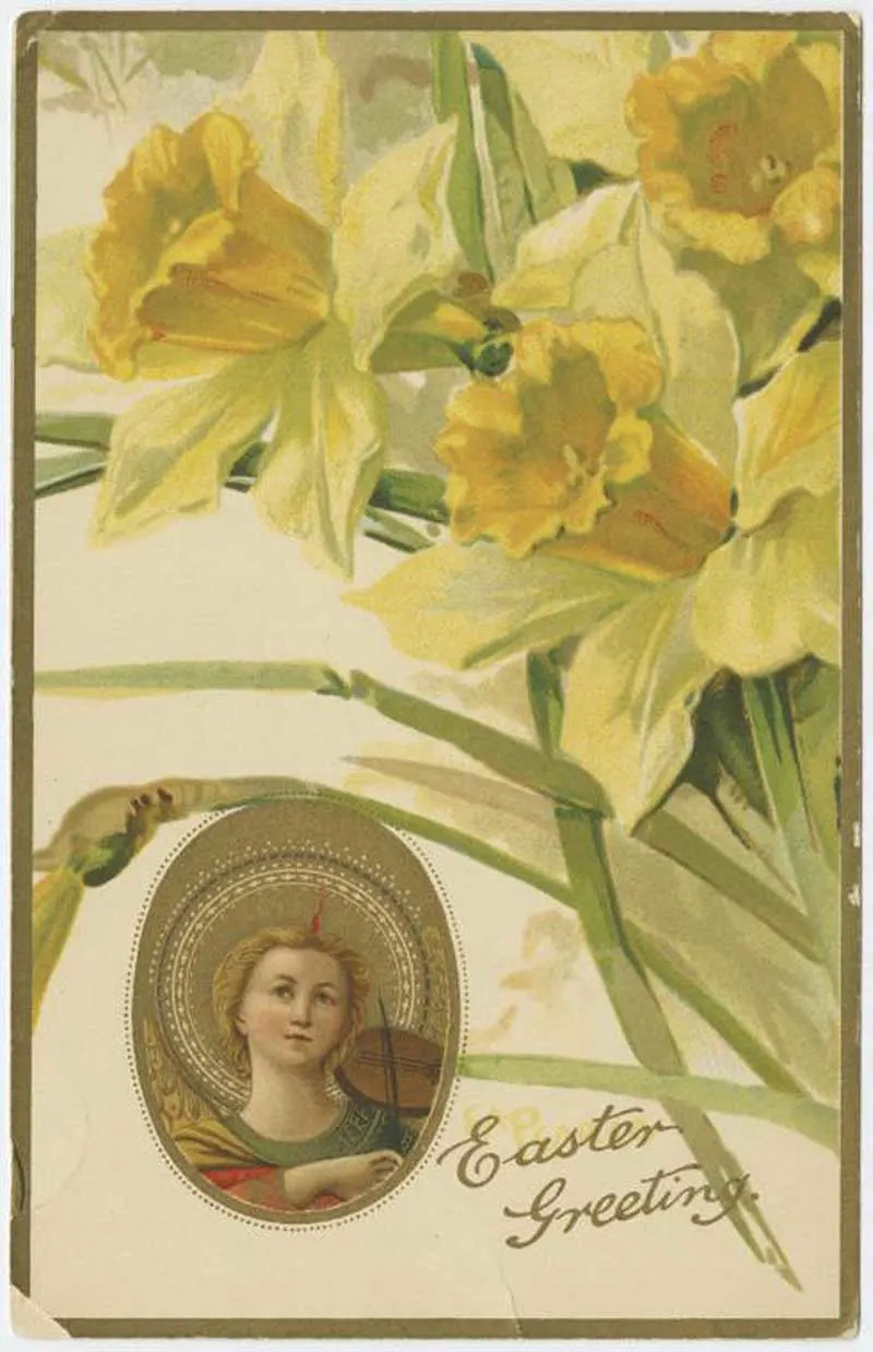 Vintage easter card with painted daffodils