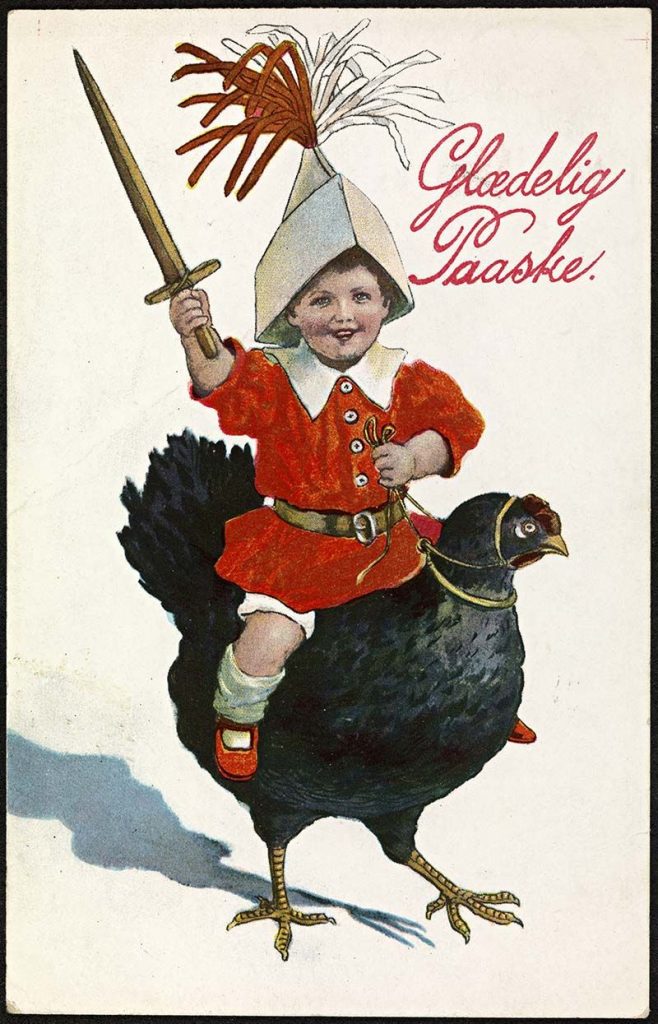 Norwegian Easter postcard child riding a chicken
