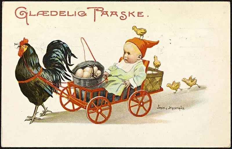 Chicken pulling cart of eggs easter postcard