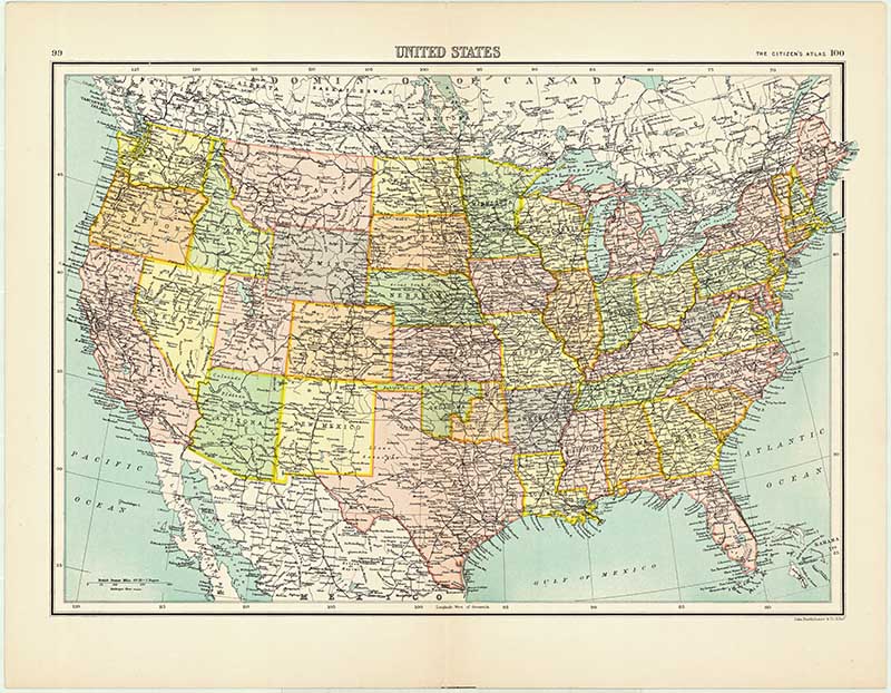 898 Map of the United States from Bartholomew's Citizen Atlas of the World. 