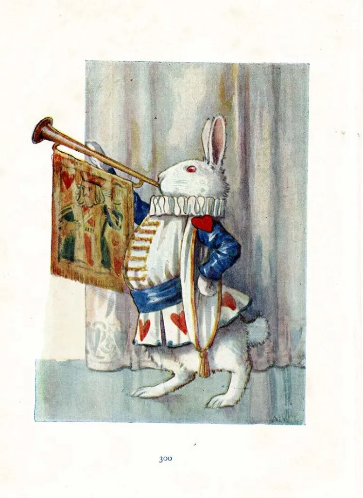 White rabbit blowing trumpet