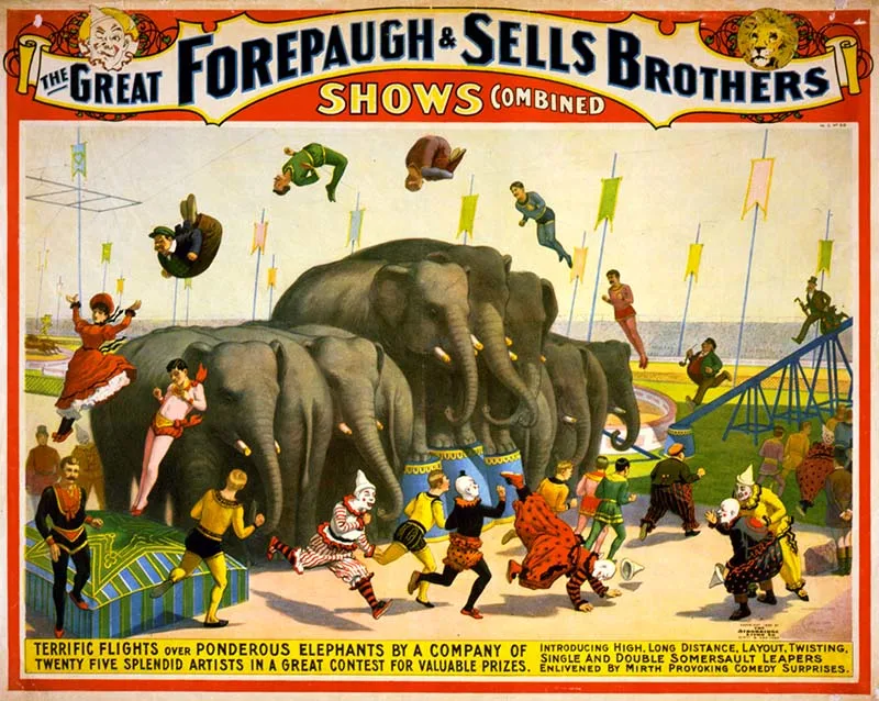 Acrobats leaping over an elephant circus poster