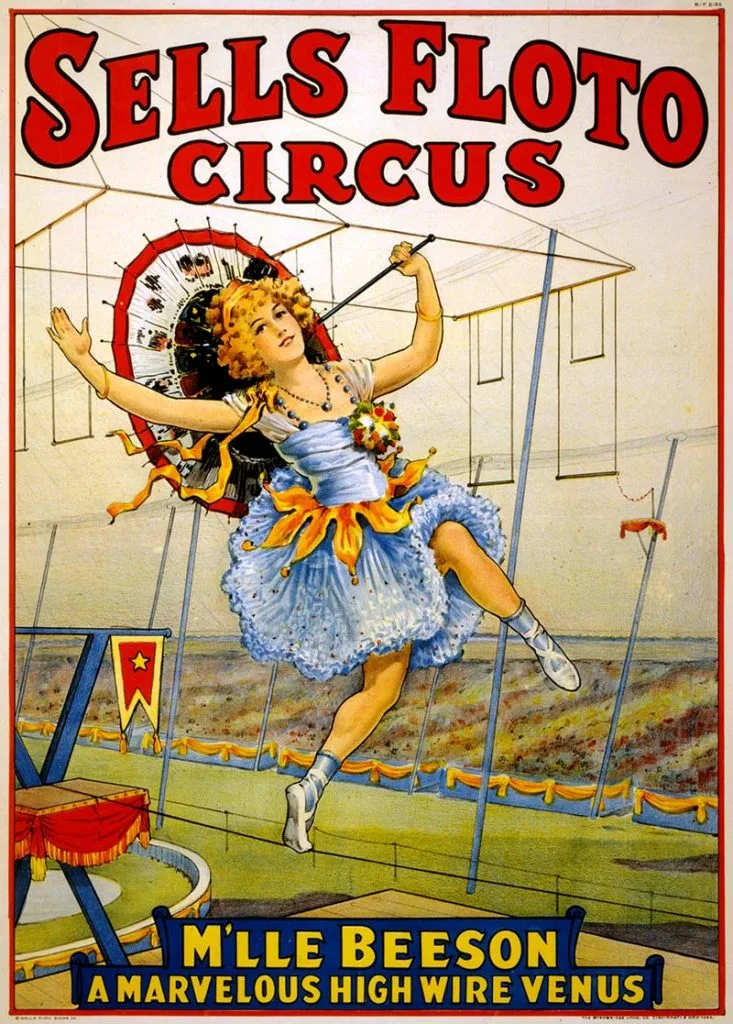 Sells Floto circus Hire wire act. vintage circus posters