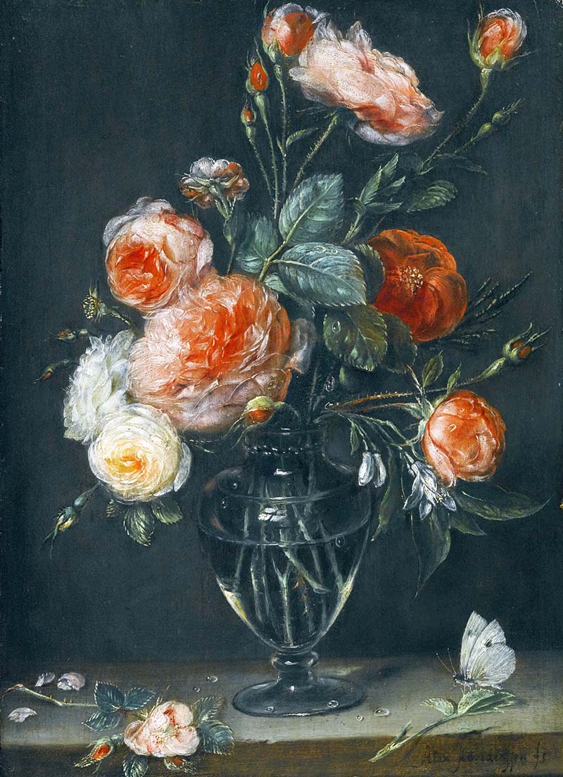 Alexander_Adriaenssen_-_Still_life_of_roses_in_a_glass_jar_on_a_stone_ledge_with_a_butterfly 