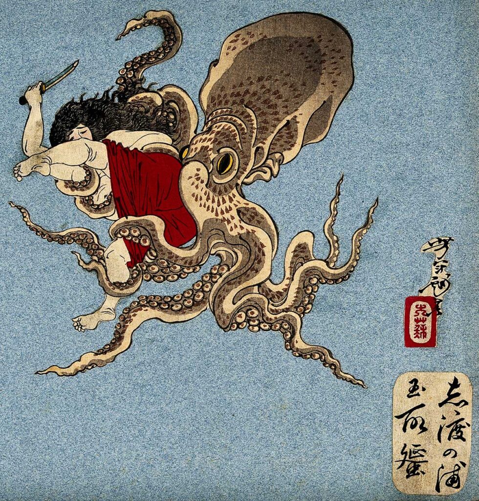 Japanese woodblock abalone diver and octopus