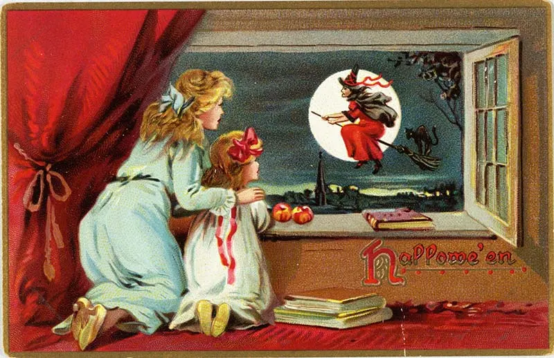 1880 Halloween card with witch