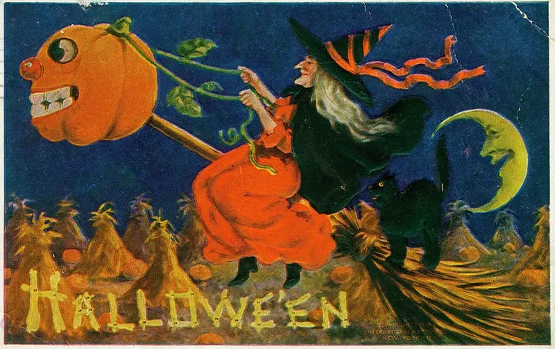 A Witch riding a broomstick being pulled by a jack-o-lantern with a black cat