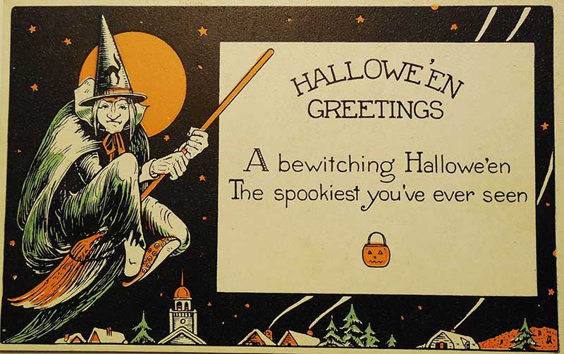 Witch on a broom with bewitching Halloween greeting