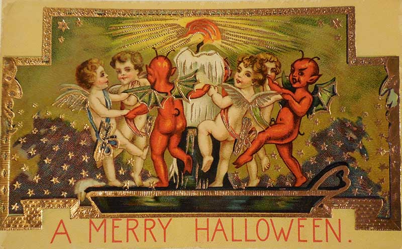 Cherubs and demons dancing together. Vintage halloween postcard