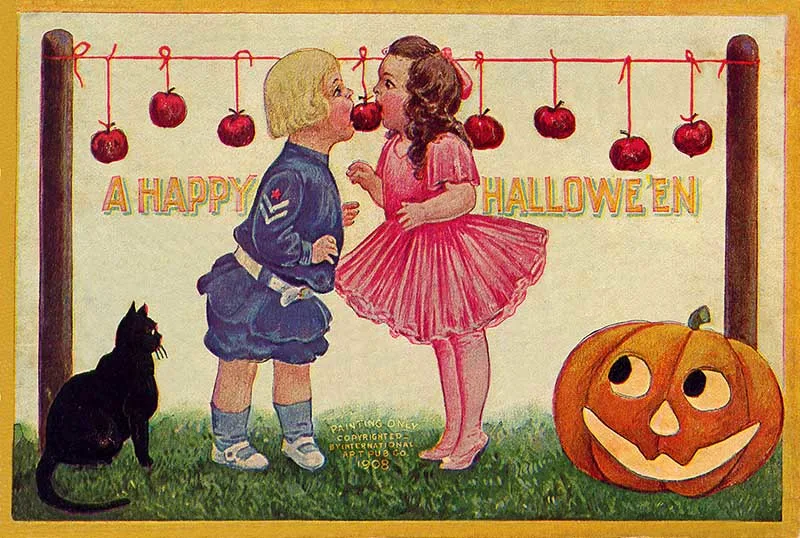 Children Apple Eating game vintage halloween postcards.