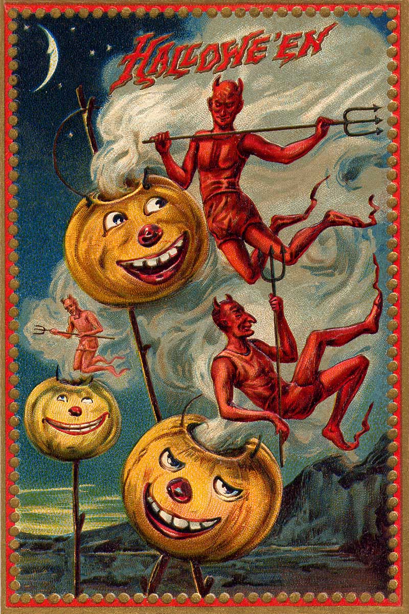 Devils with pumpkin cauldrens vintage halloween postcards