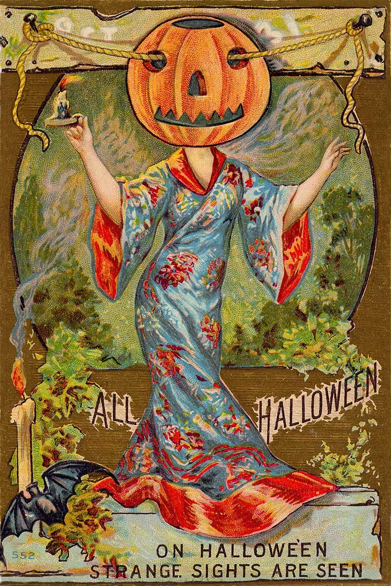 Vintage Halloween card of woman with pumpkin head