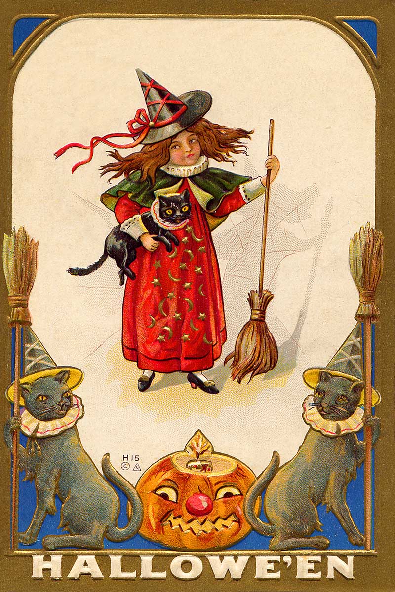 Young witch with black cats, brooms and pumpkins.