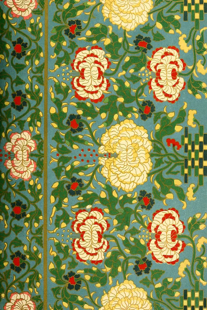 Chinese art pattern floral red and yellow on teal