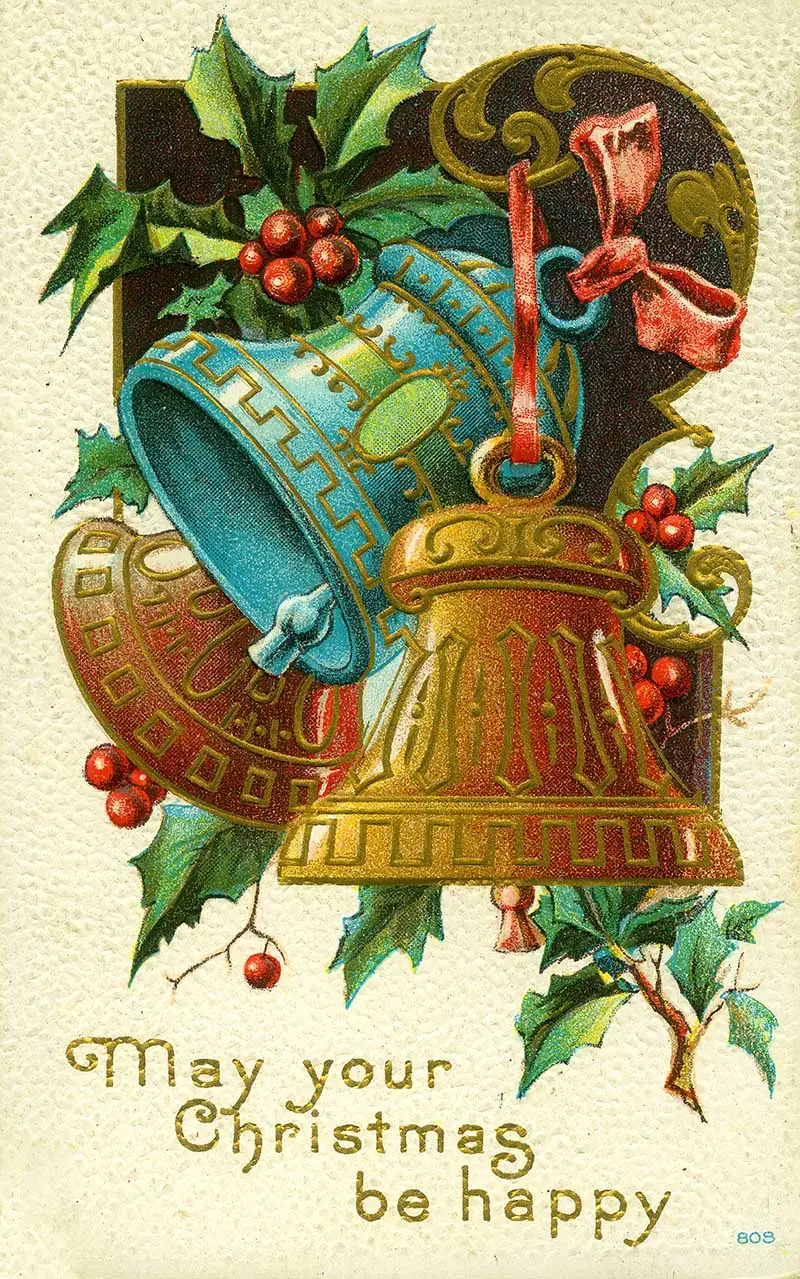 Three bells with Holly vintage Christmas postcard