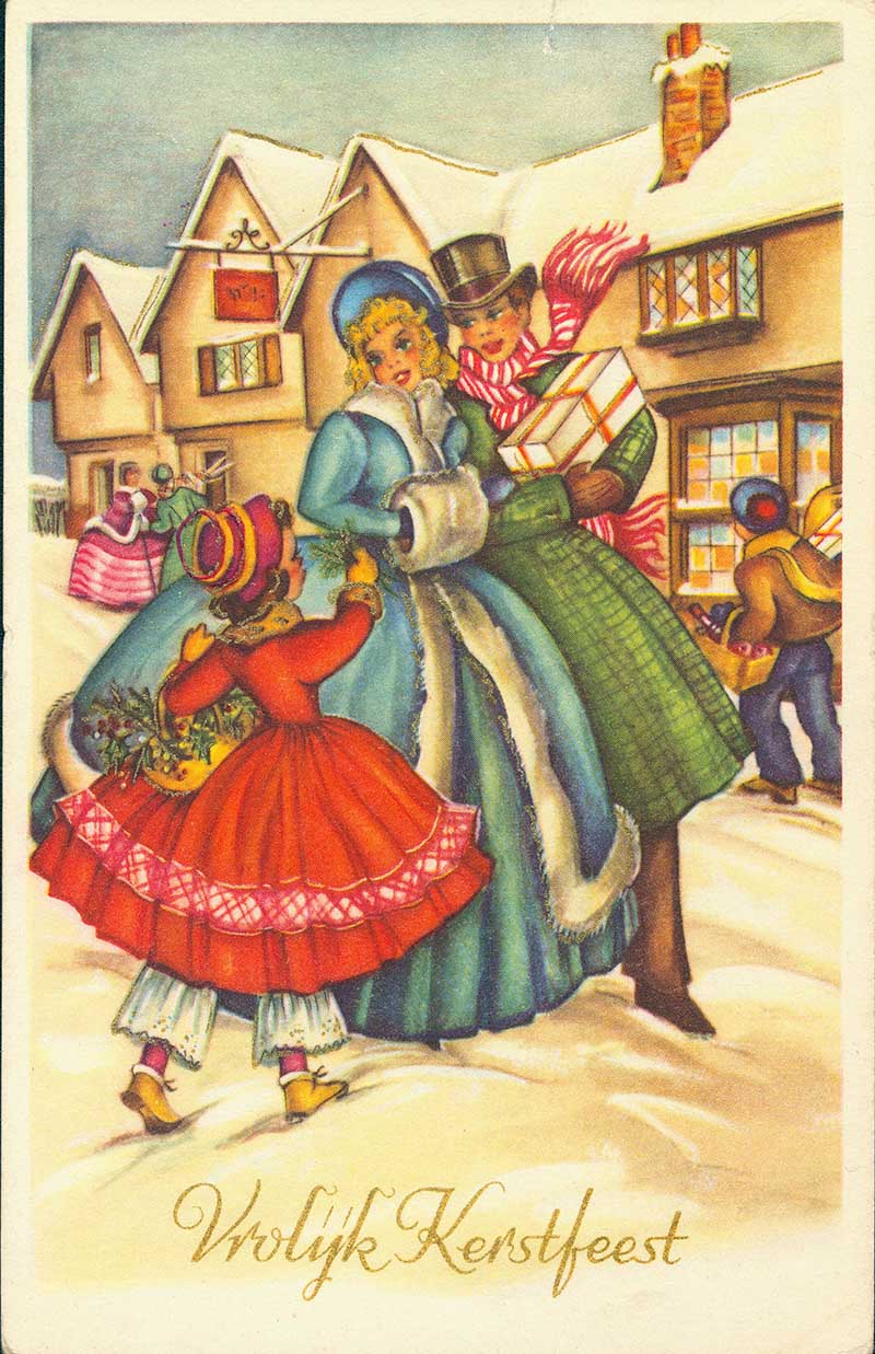 Dutuch Christmas postcard of couple and child with presents