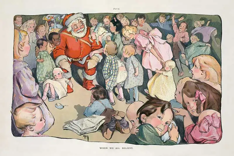 "When We All Believe", a chromolithograph by Rose O'Neill.  vintage illustration of Santa with children