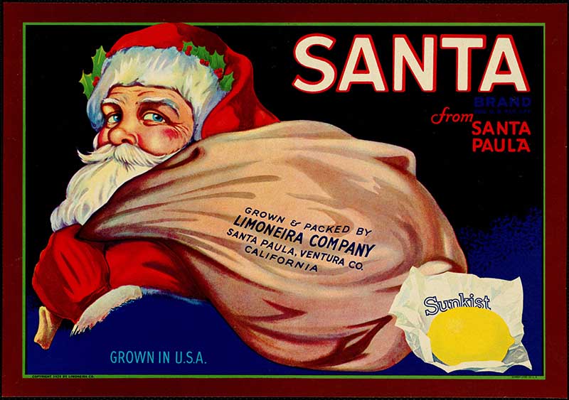 Santa with Sack Sunkist Lemon ad 1928