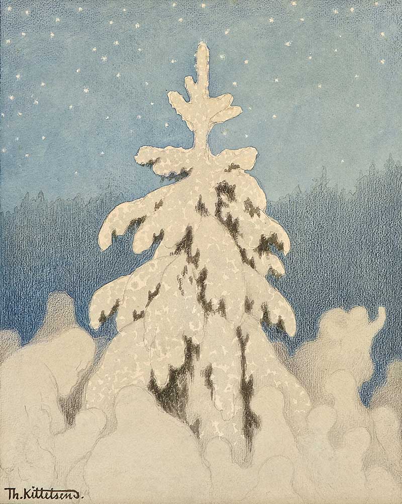 Snowy painting of a Christmas tree