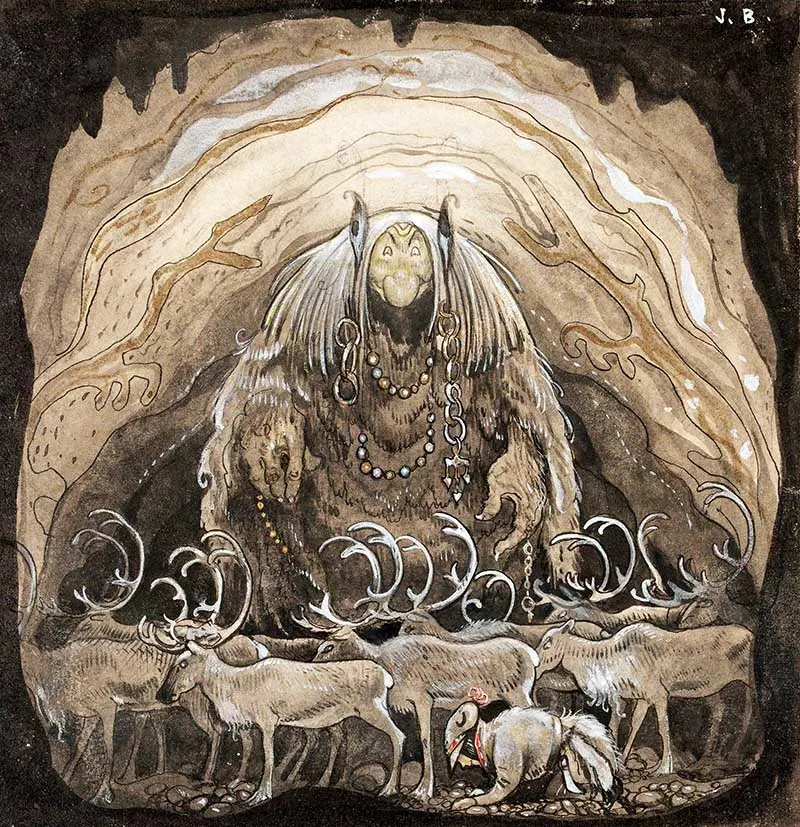 John Bauer Artwork illustration of troll king and elk