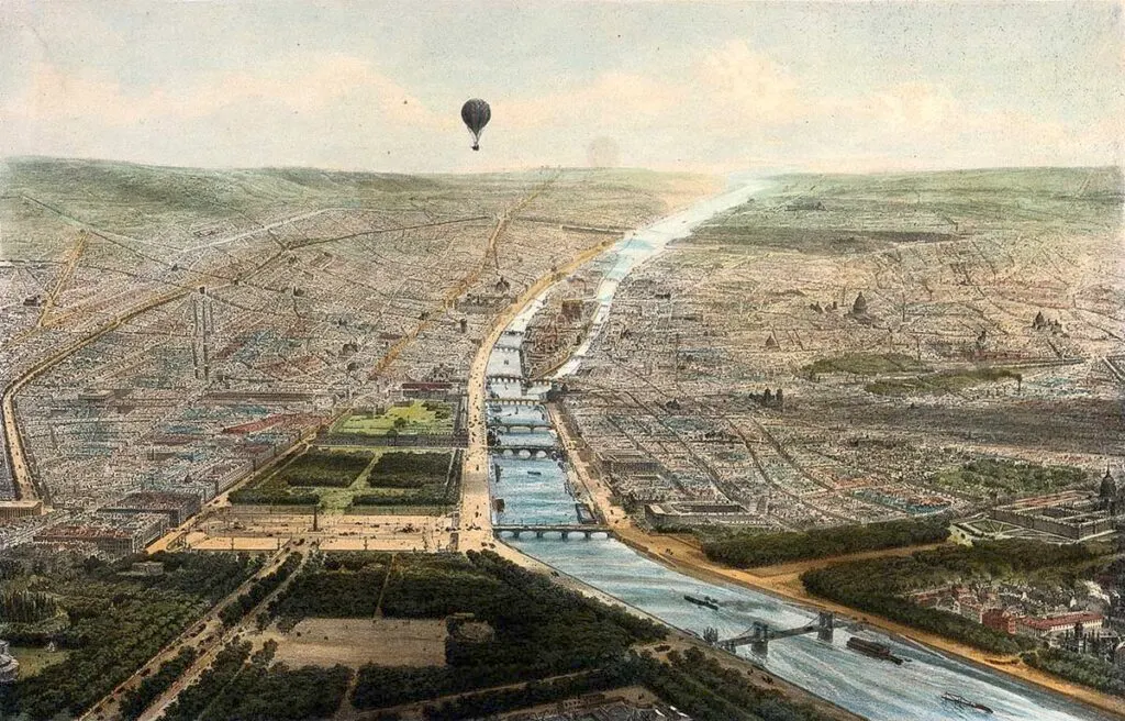 Birds eye view of Paris with hot air balloon
