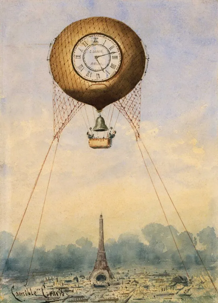 Vintage hot air balloon art above Paris