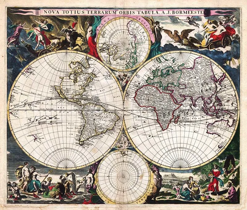 rare 1685 world map with 4 hemispheres