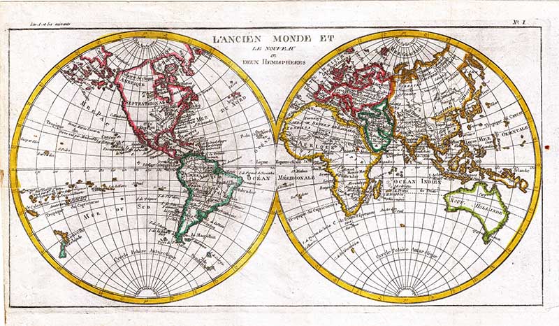 1780 Raynal and Bonne Map of the Two World Hemispheres 