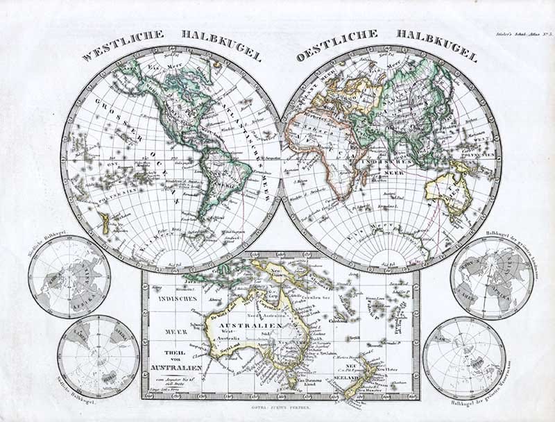 1862 Stieler Hemisphere Map of the World