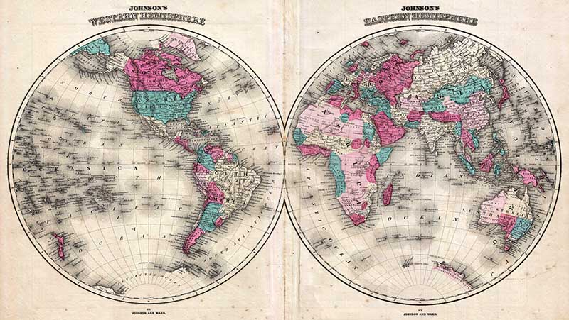  1866 Johnson Map of the World in Hemisphere Maps