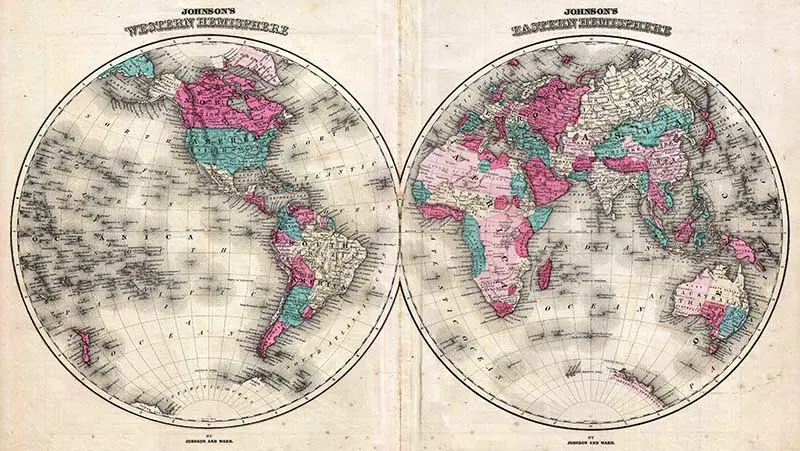  1866 Johnson Map of the World in Hemisphere Maps