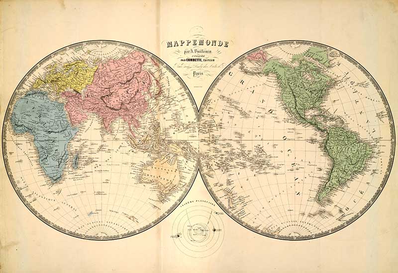 vintage world map double hemisphere