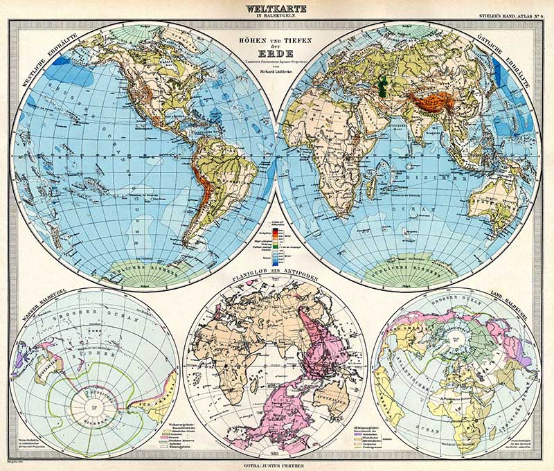 Adolf Stielers map of the world in Hemispheres