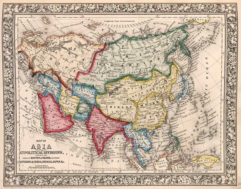 1860 old Map of Asia Mitchell
