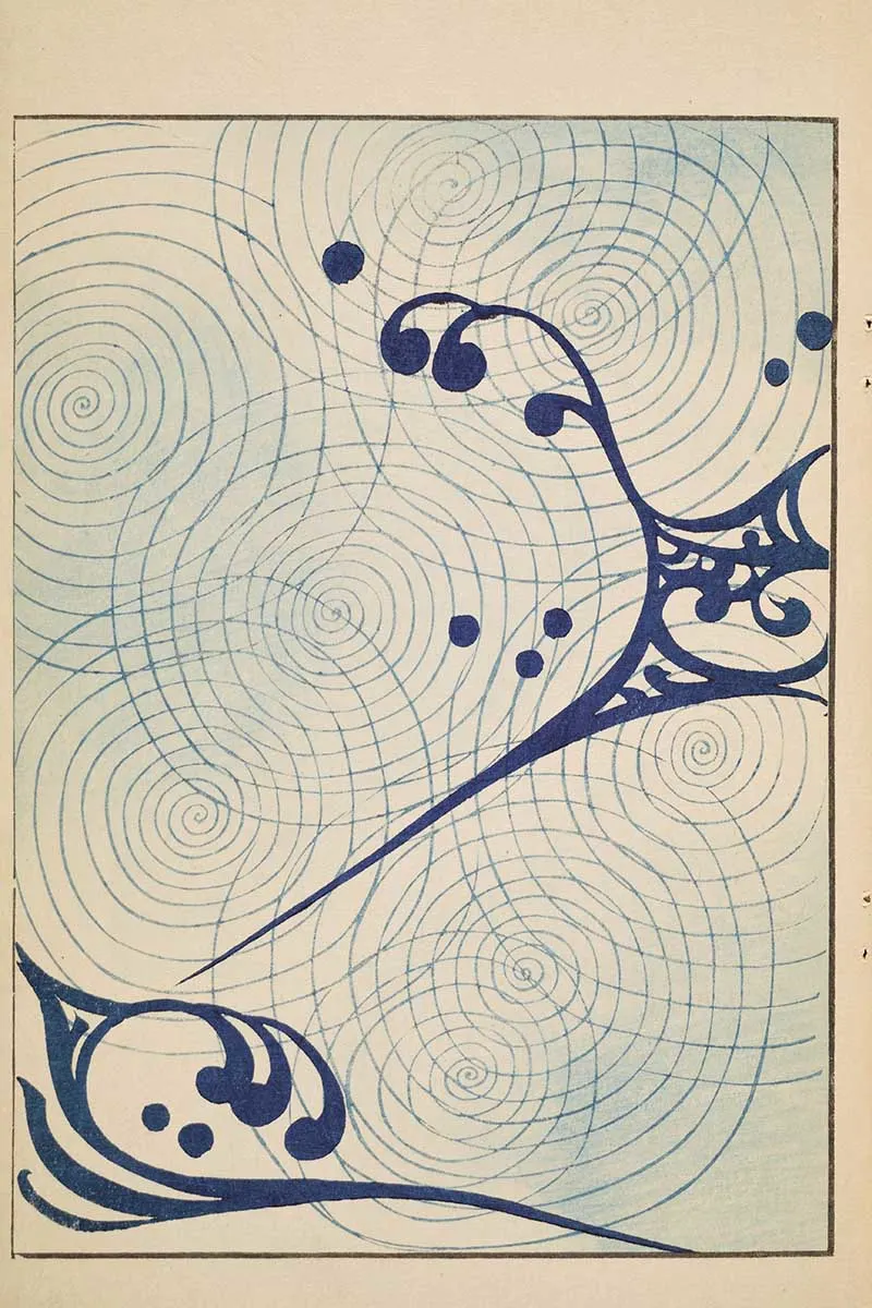 Japanese pattern of blue spirals and waves