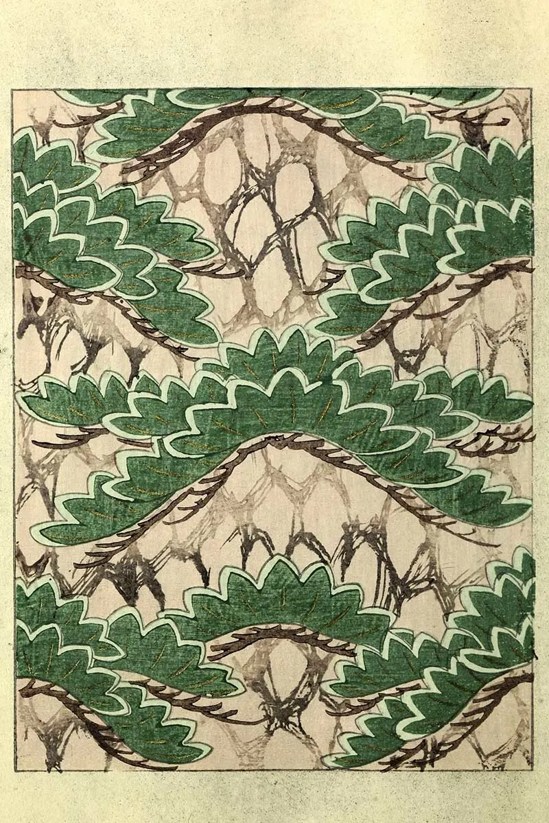 green leaves on branches Japanese woodcut from Shin Bijutsukai
