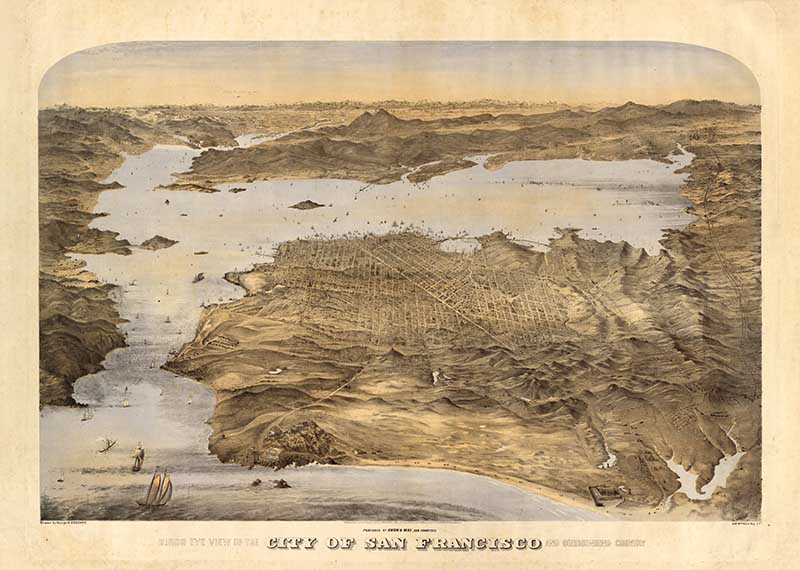 1868 birds eye view map of San Francisco bay area