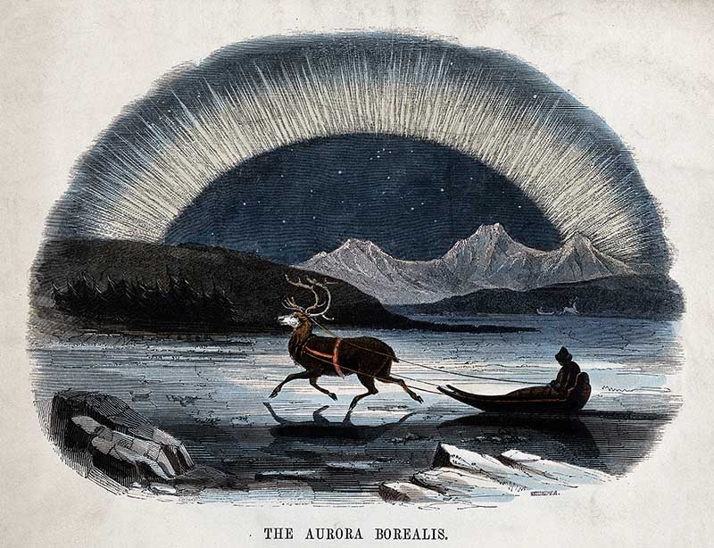 The Aurora Borealis, with a reindeer-drawn sleigh in the foreground