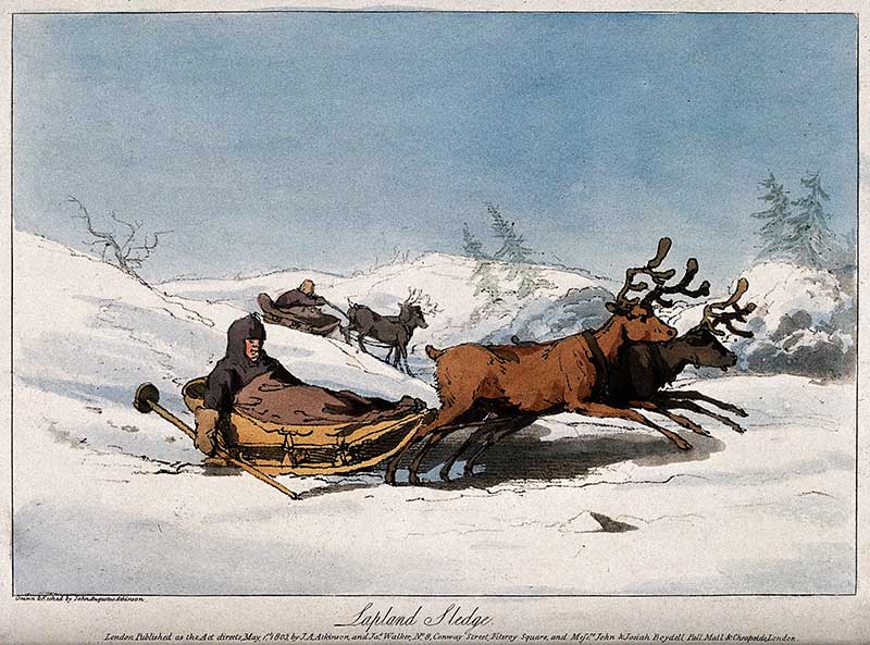 Reindeer are pulling children in sledges across the snowy hills. Coloured aquatint with etching by John Augustus Atkinson